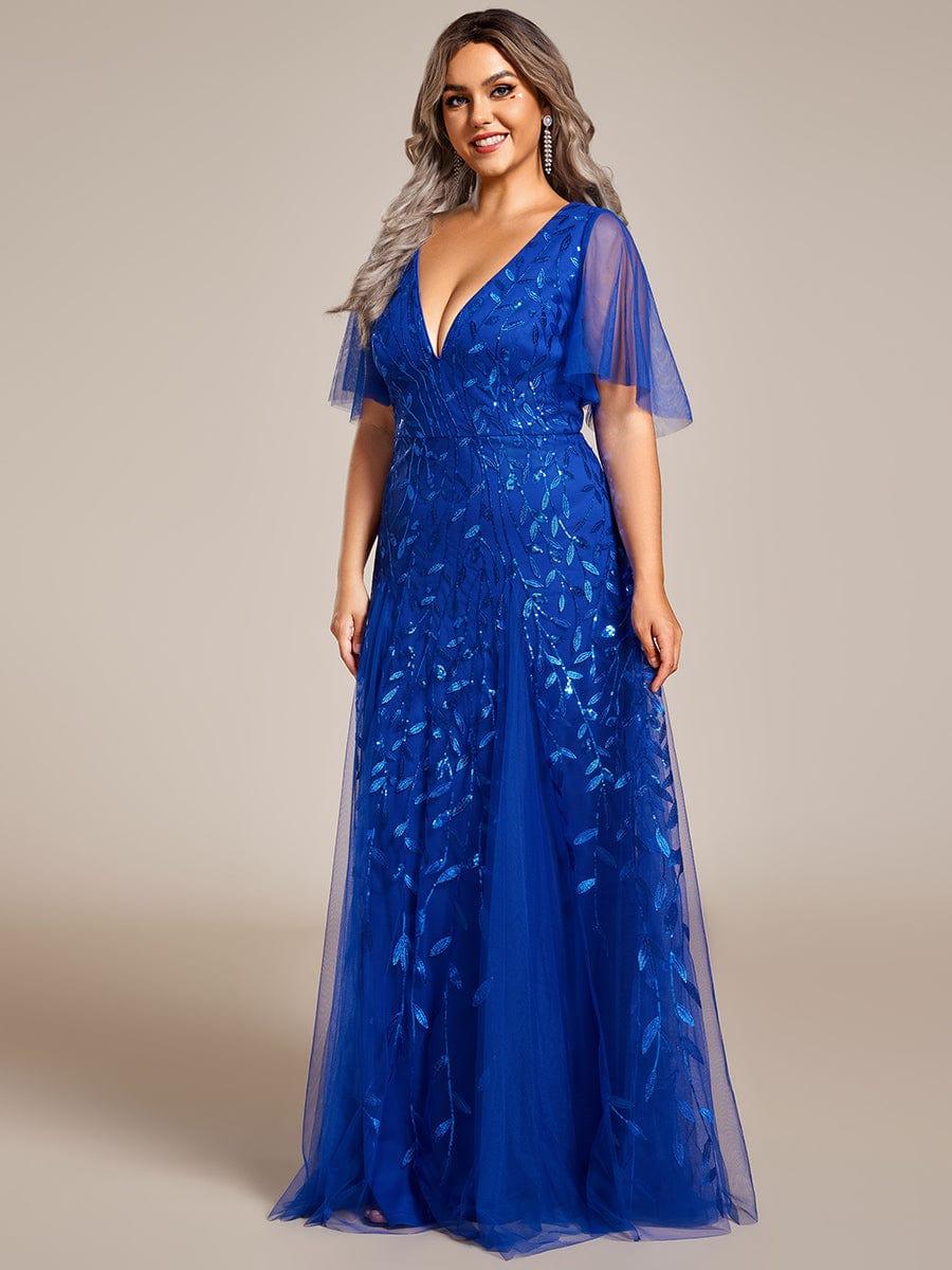 pretty ASTRAL|Plus Size Romantic Shimmery V Neck Ruffle Sleeves Evening Gown - Image 71