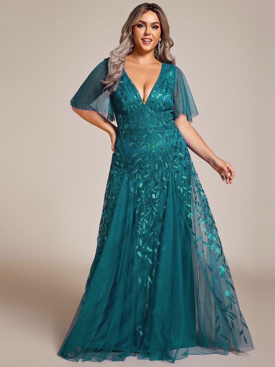 pretty ASTRAL|Plus Size Romantic Shimmery V Neck Ruffle Sleeves Evening Gown - Image 80