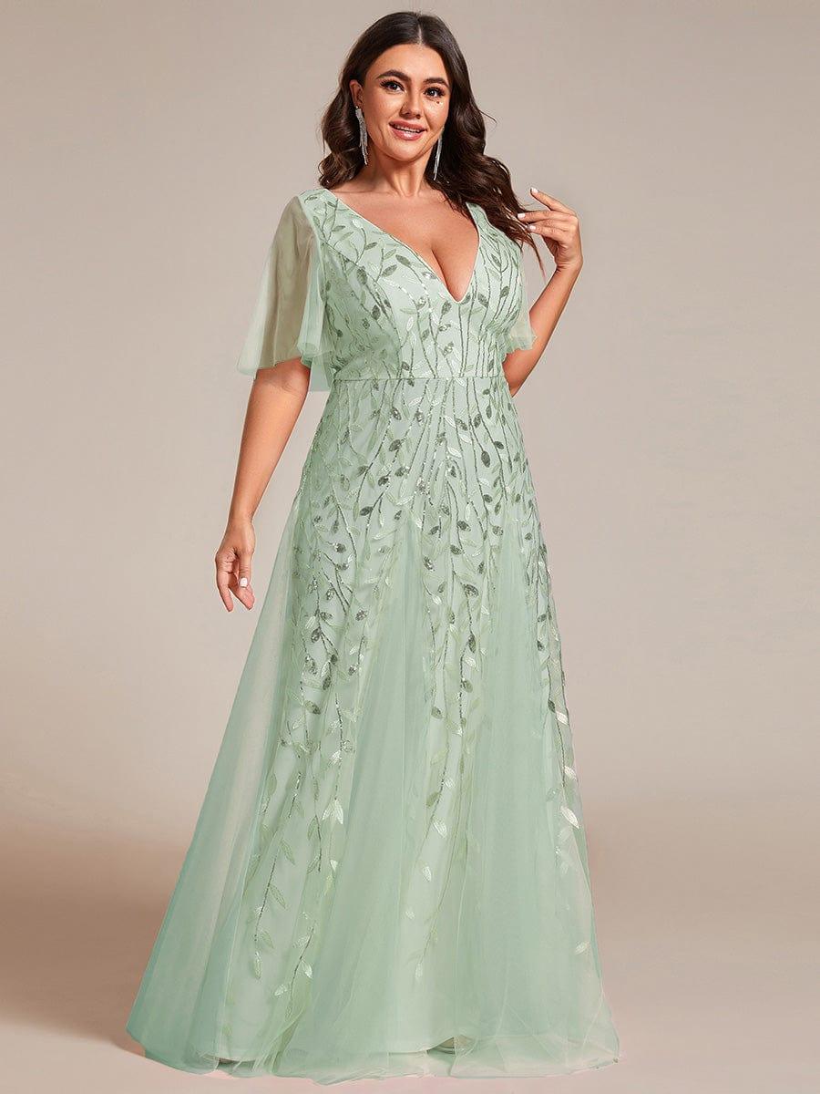 pretty ASTRAL|Plus Size Romantic Shimmery V Neck Ruffle Sleeves Evening Gown - Image 81