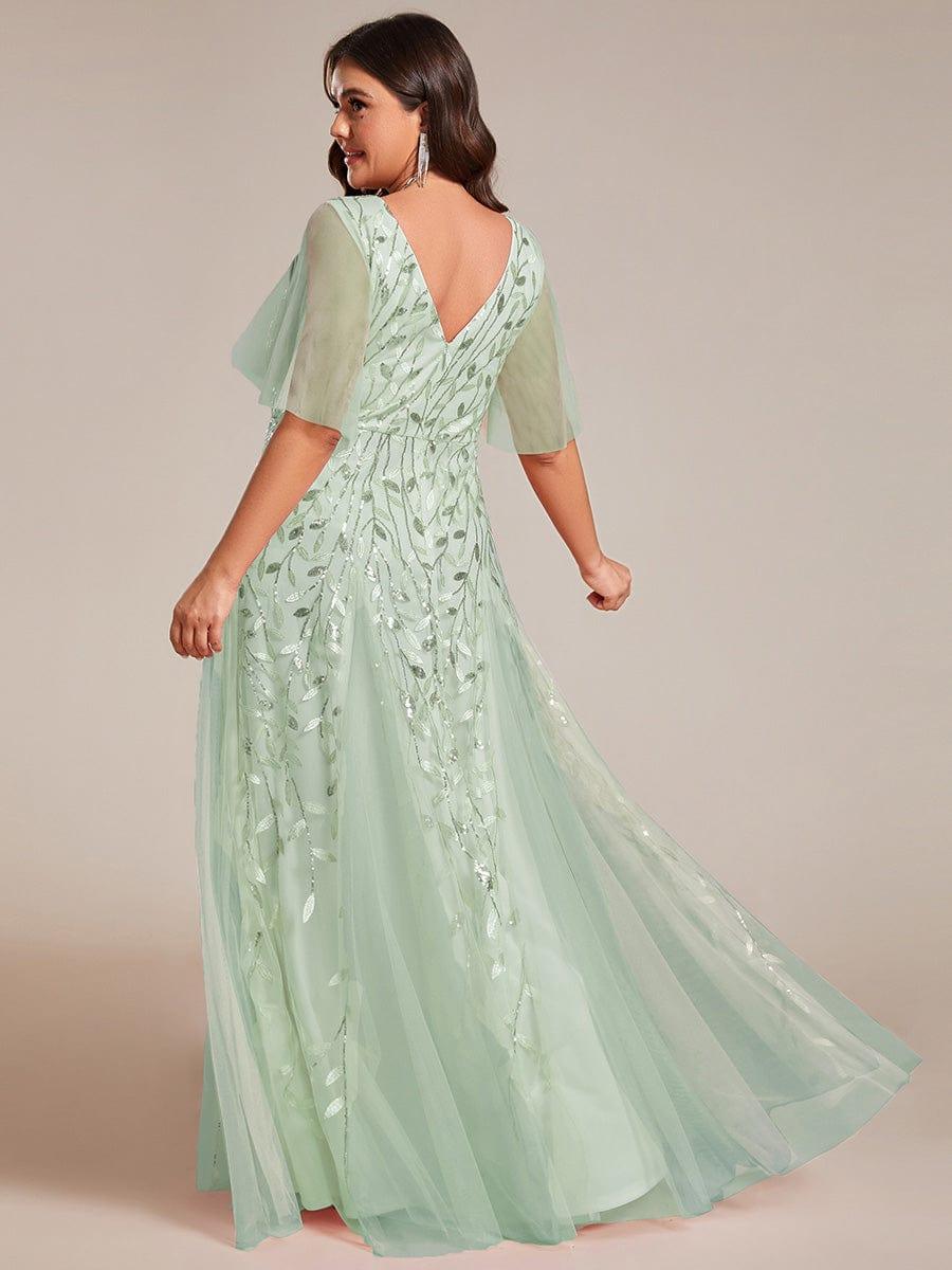 pretty ASTRAL|Plus Size Romantic Shimmery V Neck Ruffle Sleeves Evening Gown - Image 82