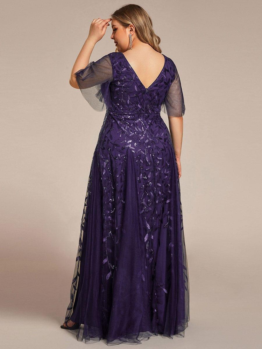pretty ASTRAL|Plus Size Romantic Shimmery V Neck Ruffle Sleeves Evening Gown - Image 87