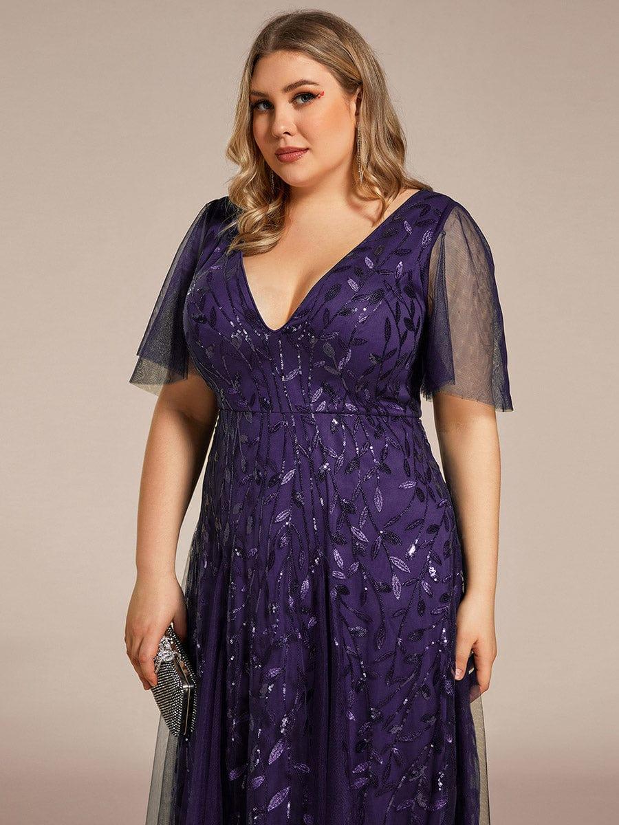 pretty ASTRAL|Plus Size Romantic Shimmery V Neck Ruffle Sleeves Evening Gown - Image 88