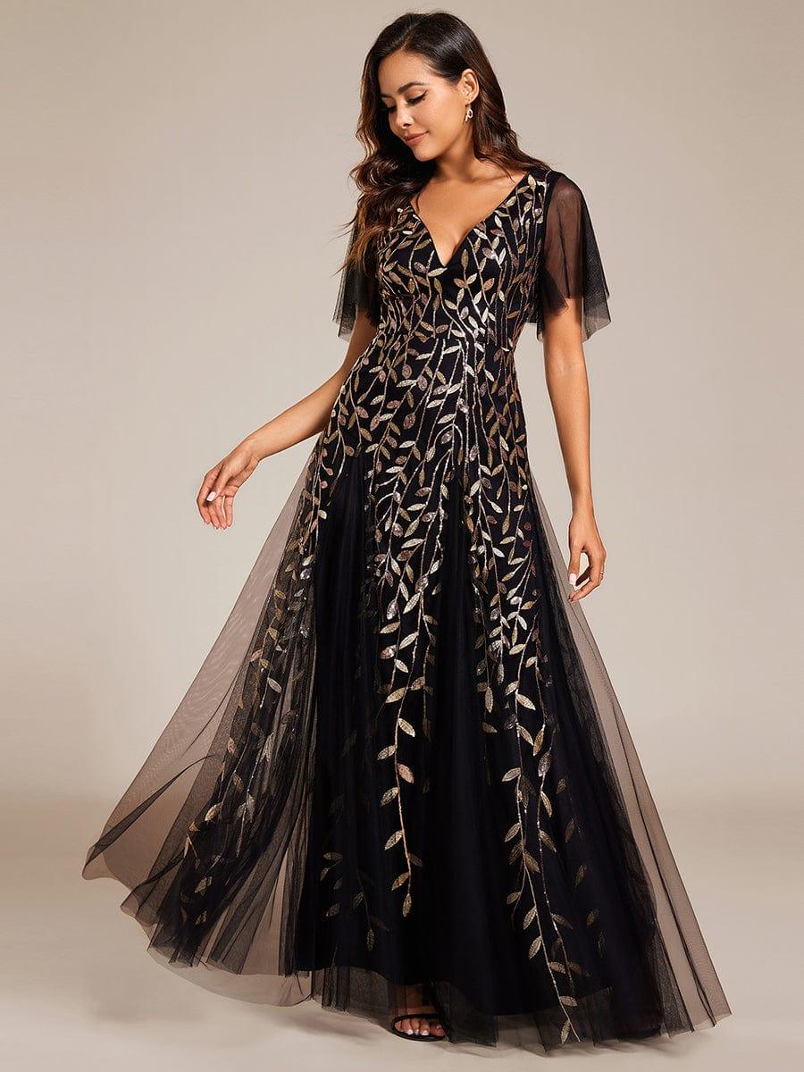 pretty ASTRAL|Plus Size Romantic Shimmery V Neck Ruffle Sleeves Evening Gown - Image 91