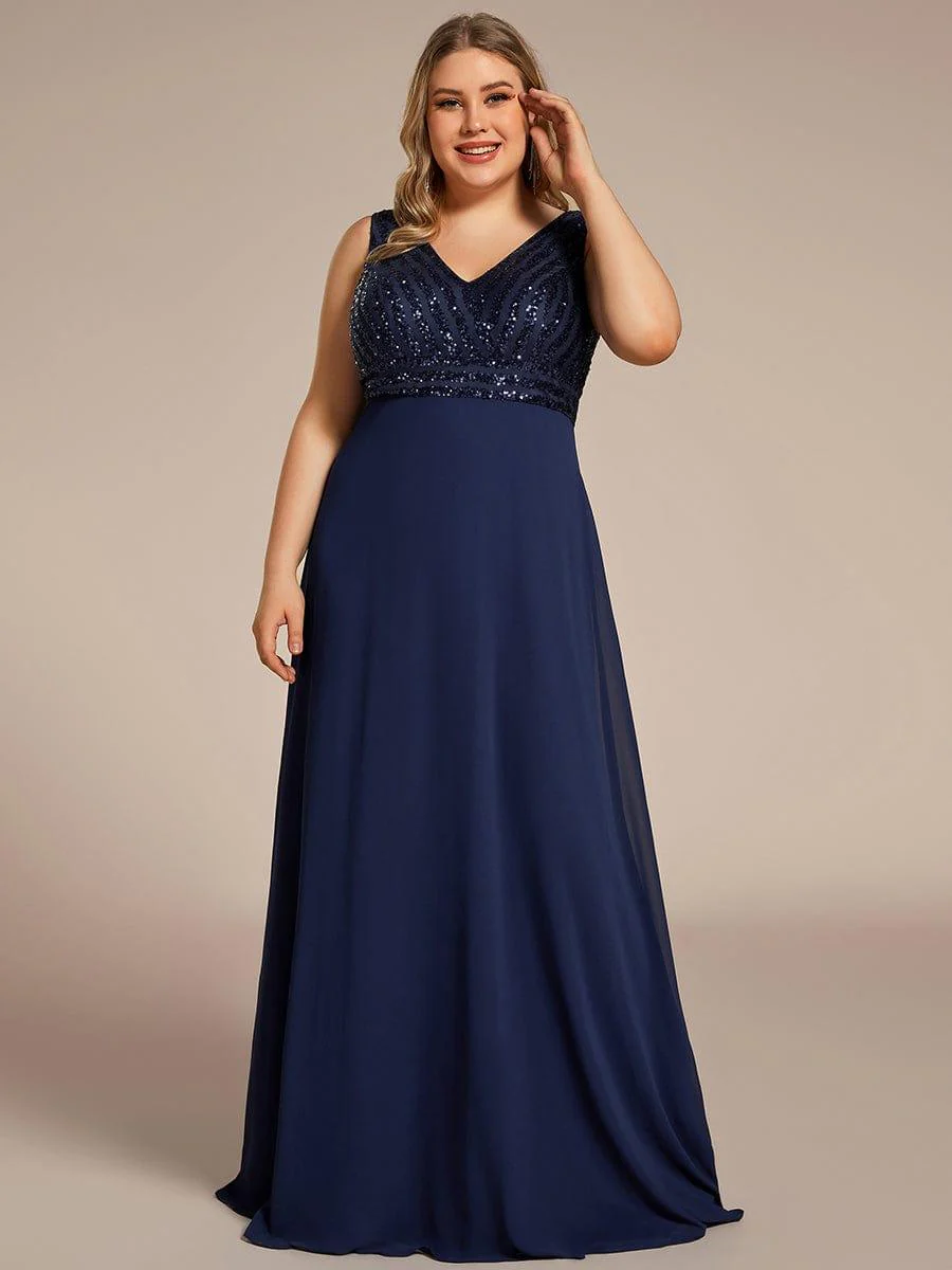 Plus Size Sequin Sleeveless Double V-Neck Formal Evening Dress - Image 15
