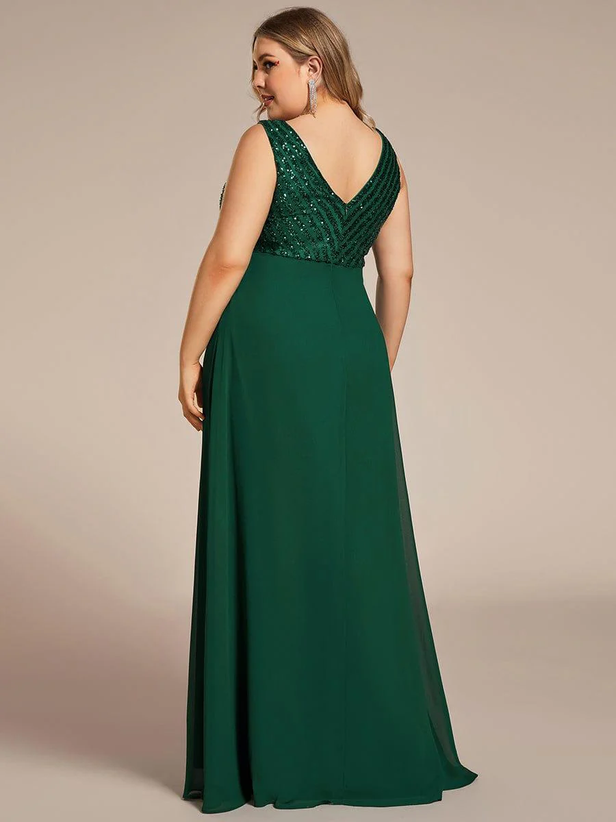 Plus Size Sequin Sleeveless Double V-Neck Formal Evening Dress - Image 9