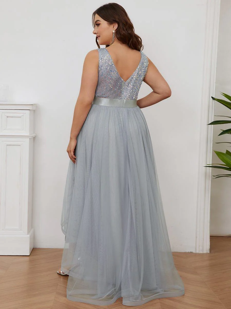 pretty CALLIE|Plus Size Sequin V-Neck Sleeveless High Low Evening Dress - Image 12