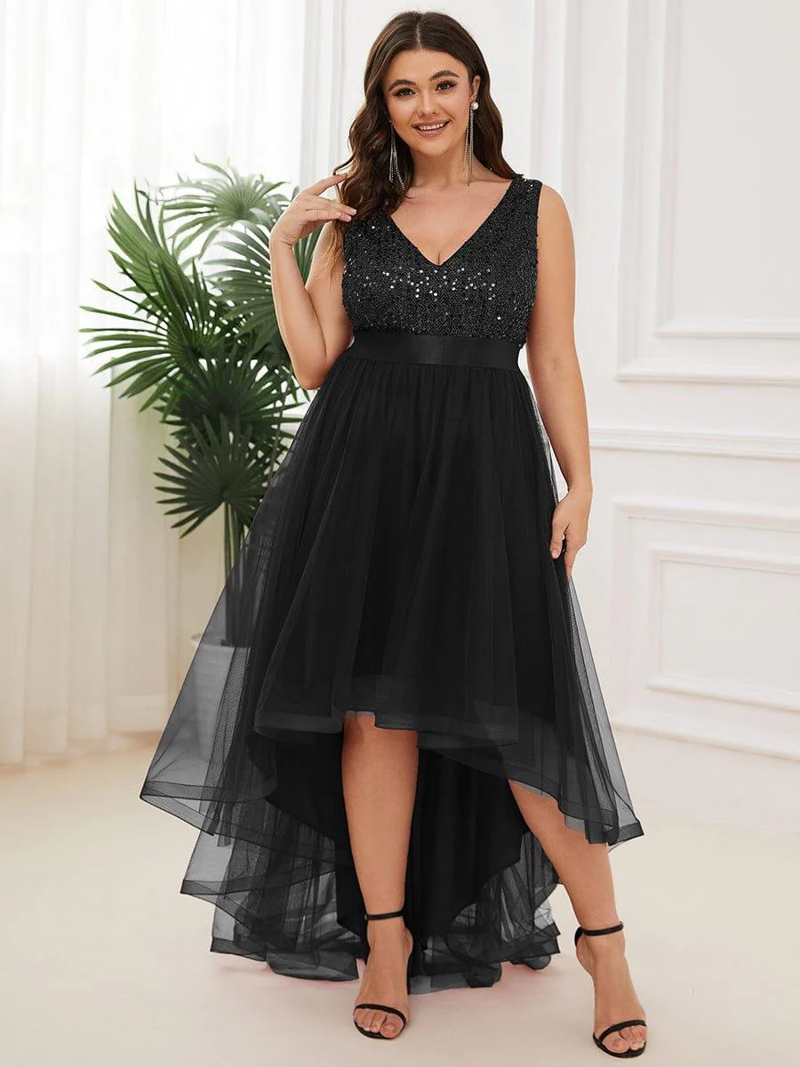 pretty CALLIE|Plus Size Sequin V-Neck Sleeveless High Low Evening Dress - Image 33
