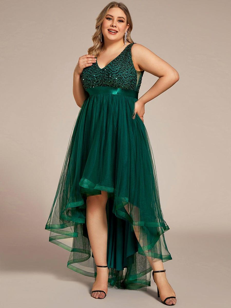 pretty CALLIE|Plus Size Sequin V-Neck Sleeveless High Low Evening Dress - Image 4