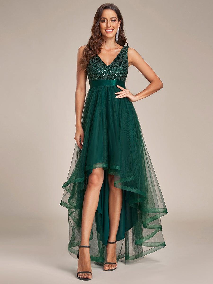 pretty CALLIE|Plus Size Sequin V-Neck Sleeveless High Low Evening Dress - Image 9