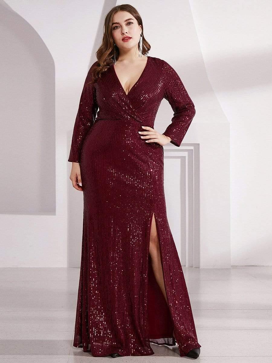 pretty NYX|Shiny V Neck Plus Size Sequin Evening Party Dress with Long Sleeve - Image 11
