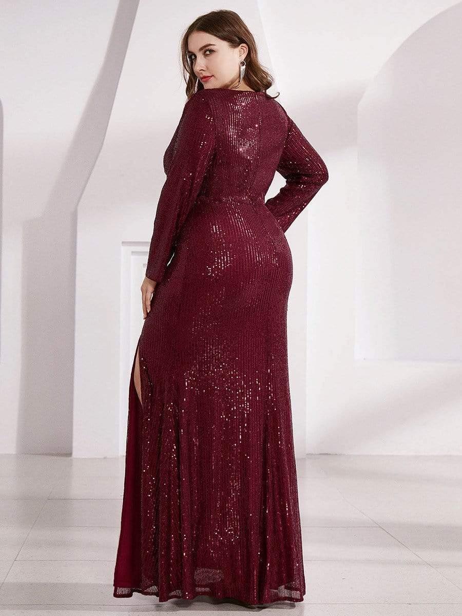 pretty NYX|Shiny V Neck Plus Size Sequin Evening Party Dress with Long Sleeve - Image 12