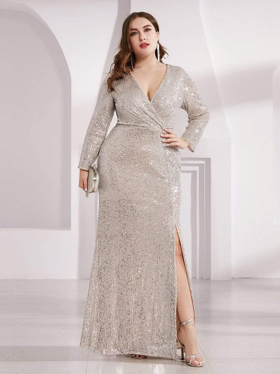 pretty NYX|Shiny V Neck Plus Size Sequin Evening Party Dress with Long Sleeve - Image 16