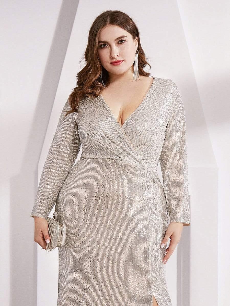 pretty NYX|Shiny V Neck Plus Size Sequin Evening Party Dress with Long Sleeve - Image 17