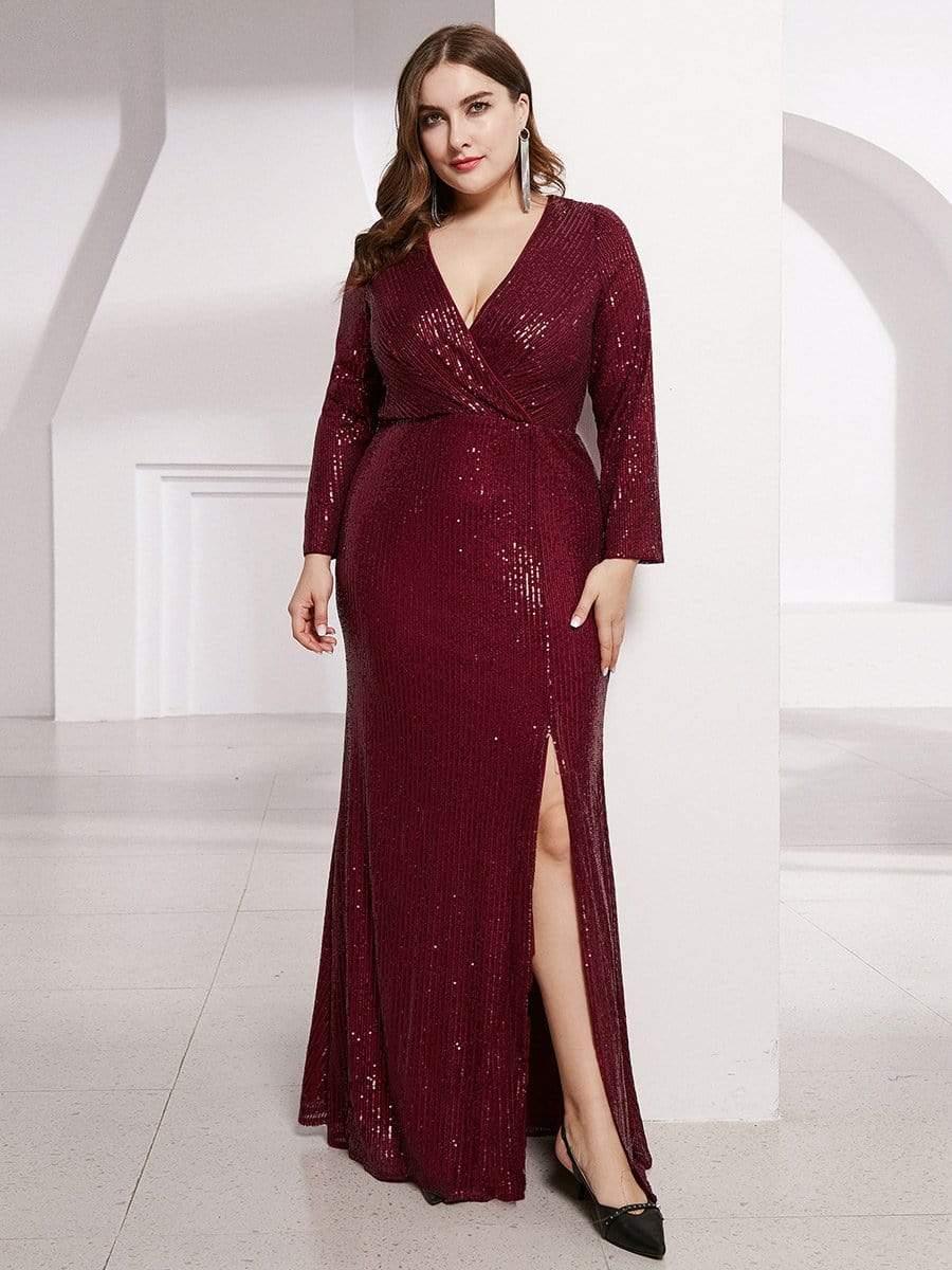 pretty NYX|Shiny V Neck Plus Size Sequin Evening Party Dress with Long Sleeve - Image 19