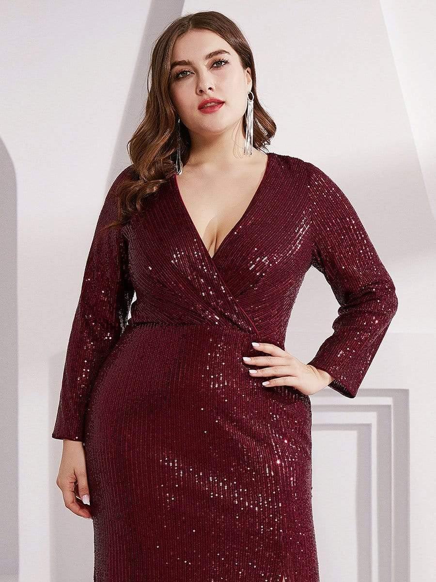 pretty NYX|Shiny V Neck Plus Size Sequin Evening Party Dress with Long Sleeve - Image 20
