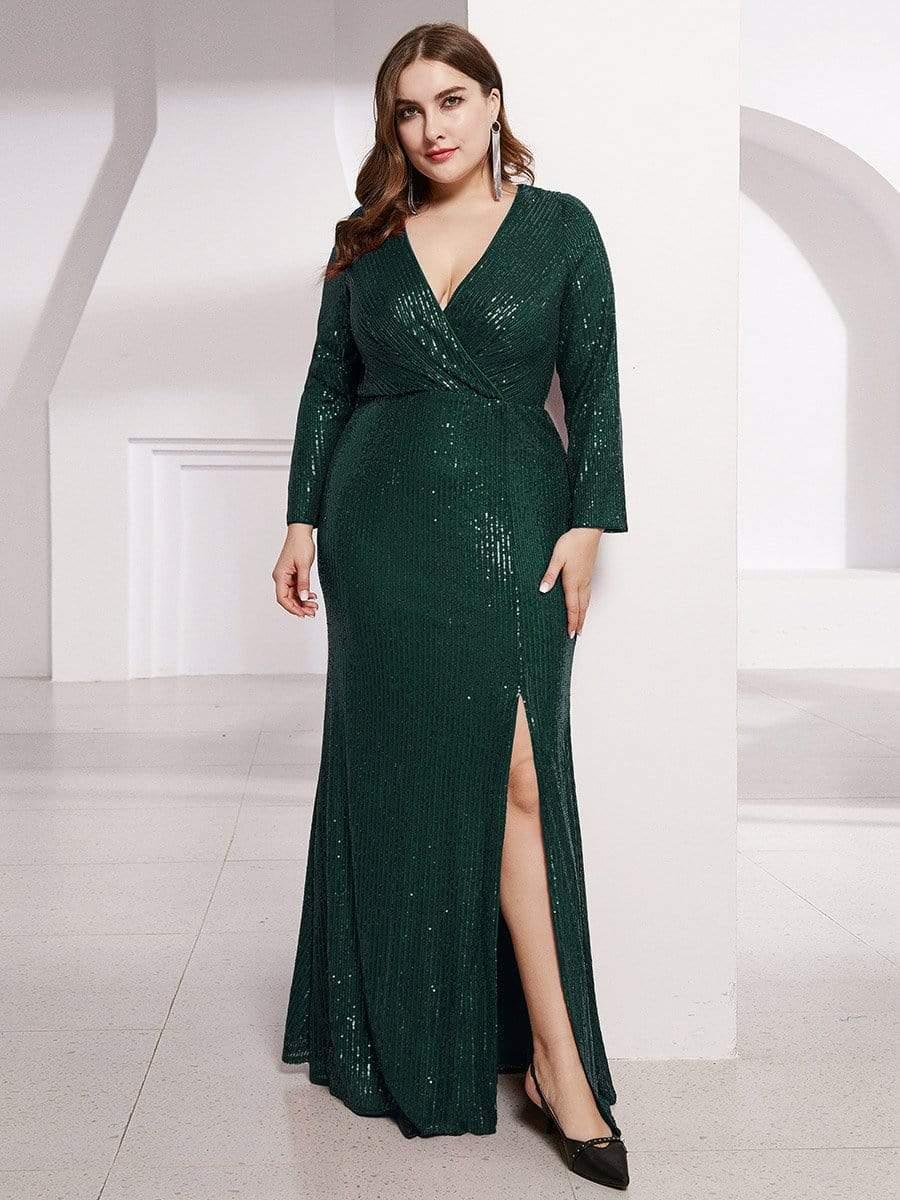 pretty NYX|Shiny V Neck Plus Size Sequin Evening Party Dress with Long Sleeve - Image 4