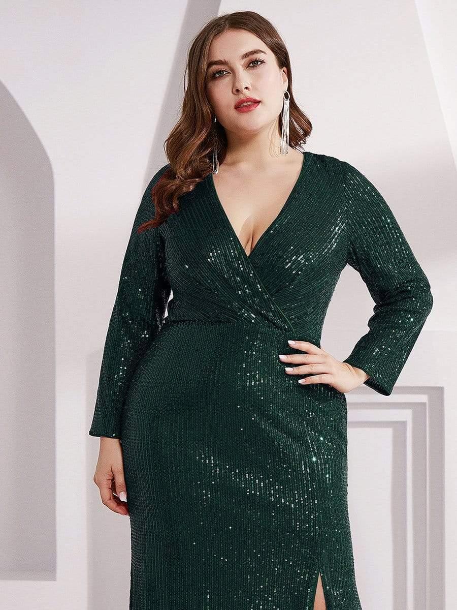pretty NYX|Shiny V Neck Plus Size Sequin Evening Party Dress with Long Sleeve - Image 5