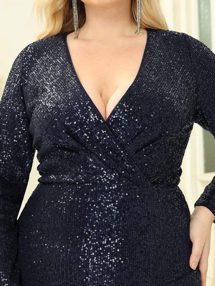 pretty NYX|Shiny V Neck Plus Size Sequin Evening Party Dress with Long Sleeve - Image 8