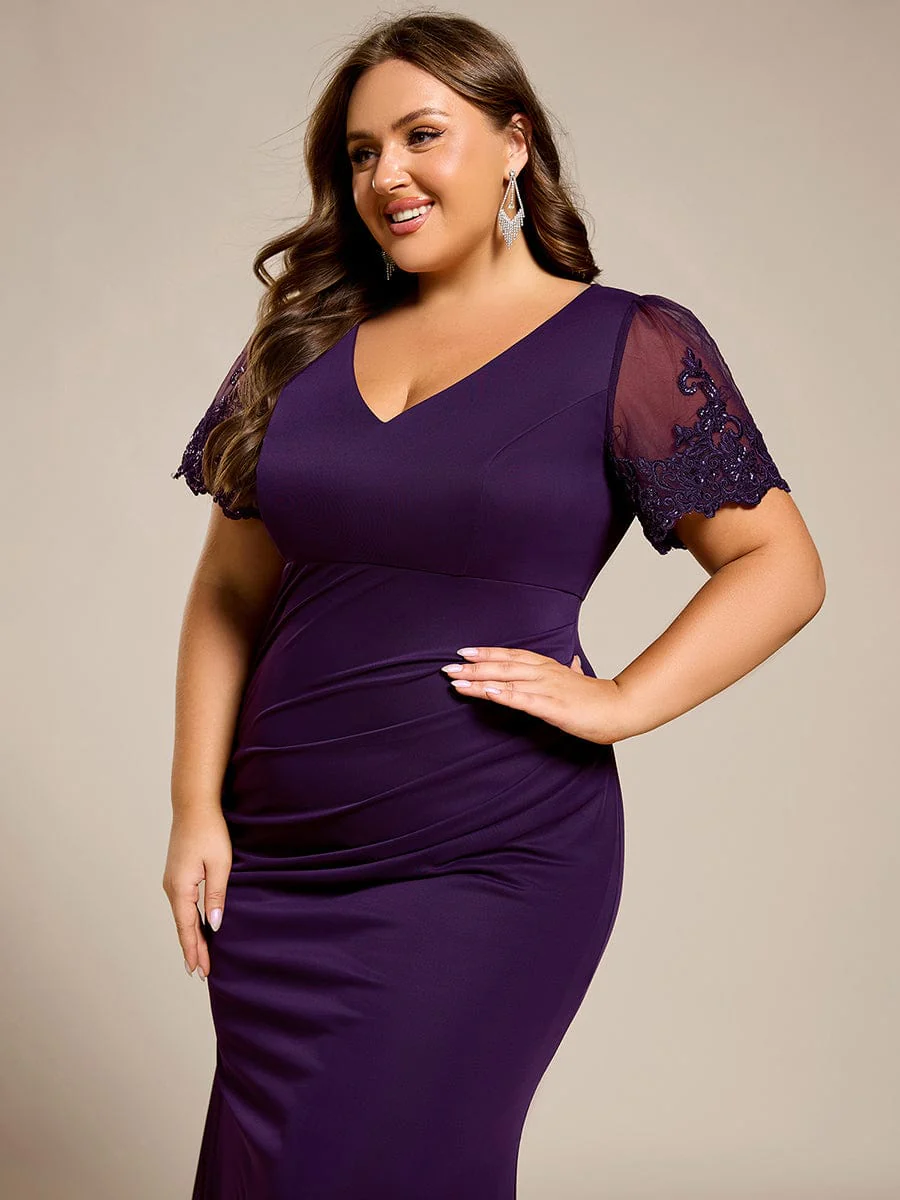 pretty CLEO|Plus Size Short Sleeve Ruffled Fishtail V-Neck Evening Dress - Image 10