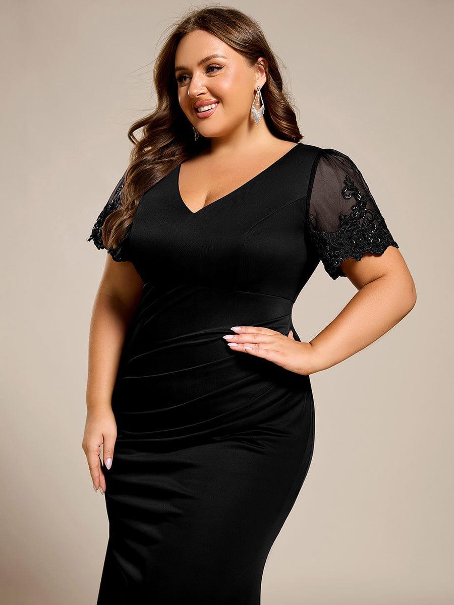 pretty CLEO|Plus Size Short Sleeve Ruffled Fishtail V-Neck Evening Dress - Image 3
