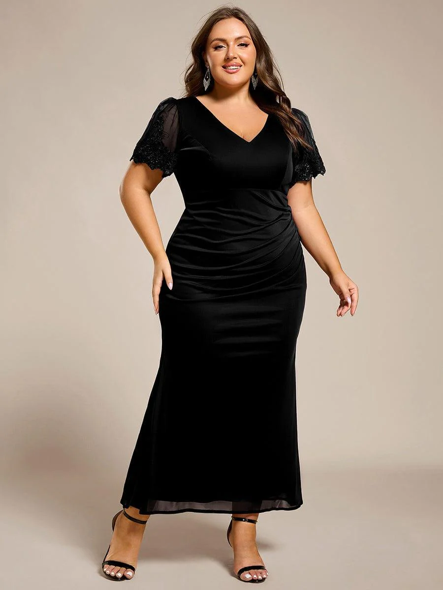 pretty CLEO|Plus Size Short Sleeve Ruffled Fishtail V-Neck Evening Dress - Image 4