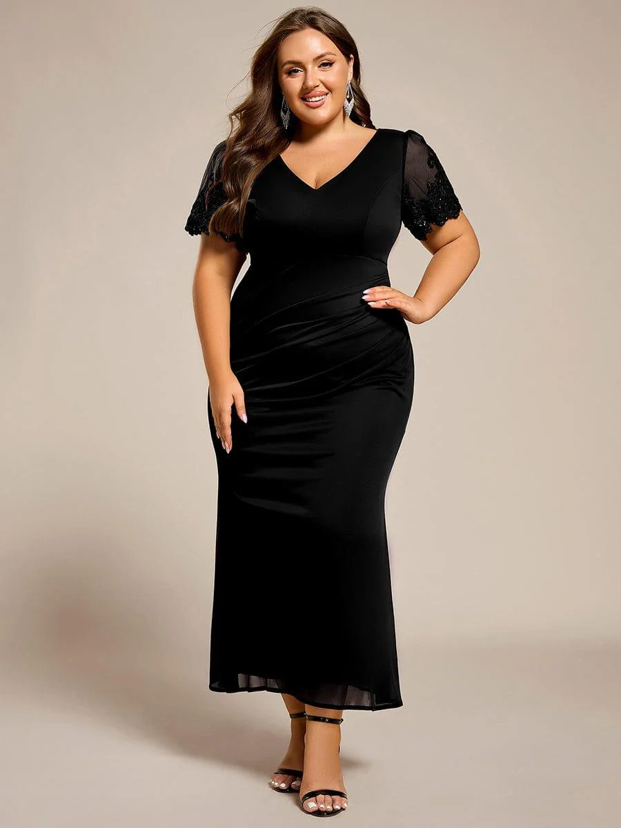 pretty CLEO|Plus Size Short Sleeve Ruffled Fishtail V-Neck Evening Dress - Image 5