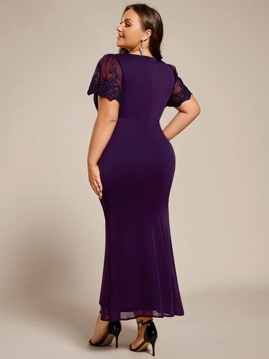 pretty CLEO|Plus Size Short Sleeve Ruffled Fishtail V-Neck Evening Dress - Image 7