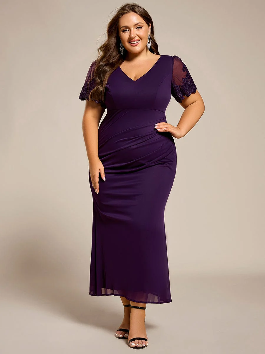 pretty CLEO|Plus Size Short Sleeve Ruffled Fishtail V-Neck Evening Dress - Image 8