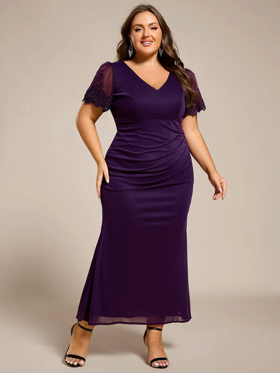 pretty CLEO|Plus Size Short Sleeve Ruffled Fishtail V-Neck Evening Dress - Image 9