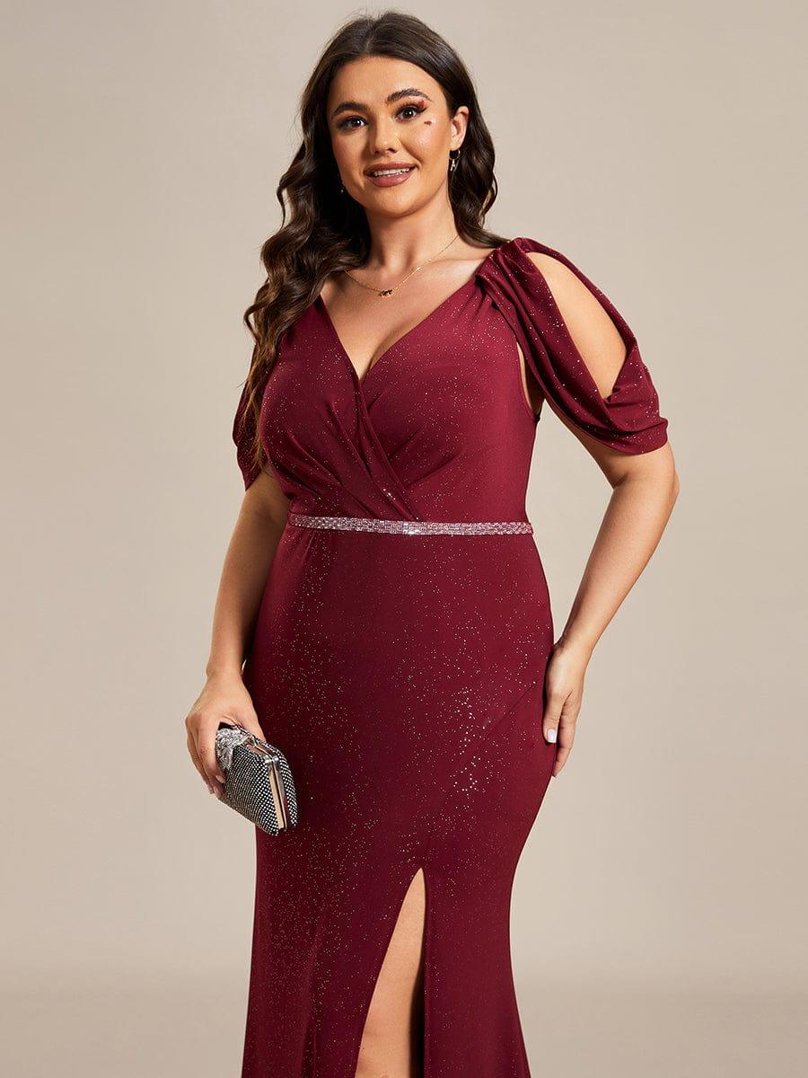 Plus Size Sparkly Glitter Cold Shoulder Shiny Belt Backless Evening Dress - Image 4