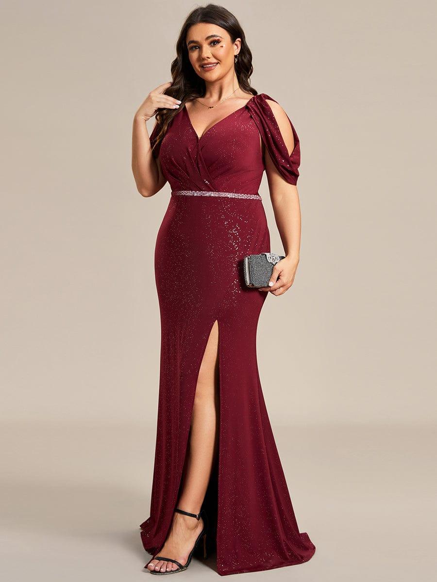 Plus Size Sparkly Glitter Cold Shoulder Shiny Belt Backless Evening Dress - Image 5