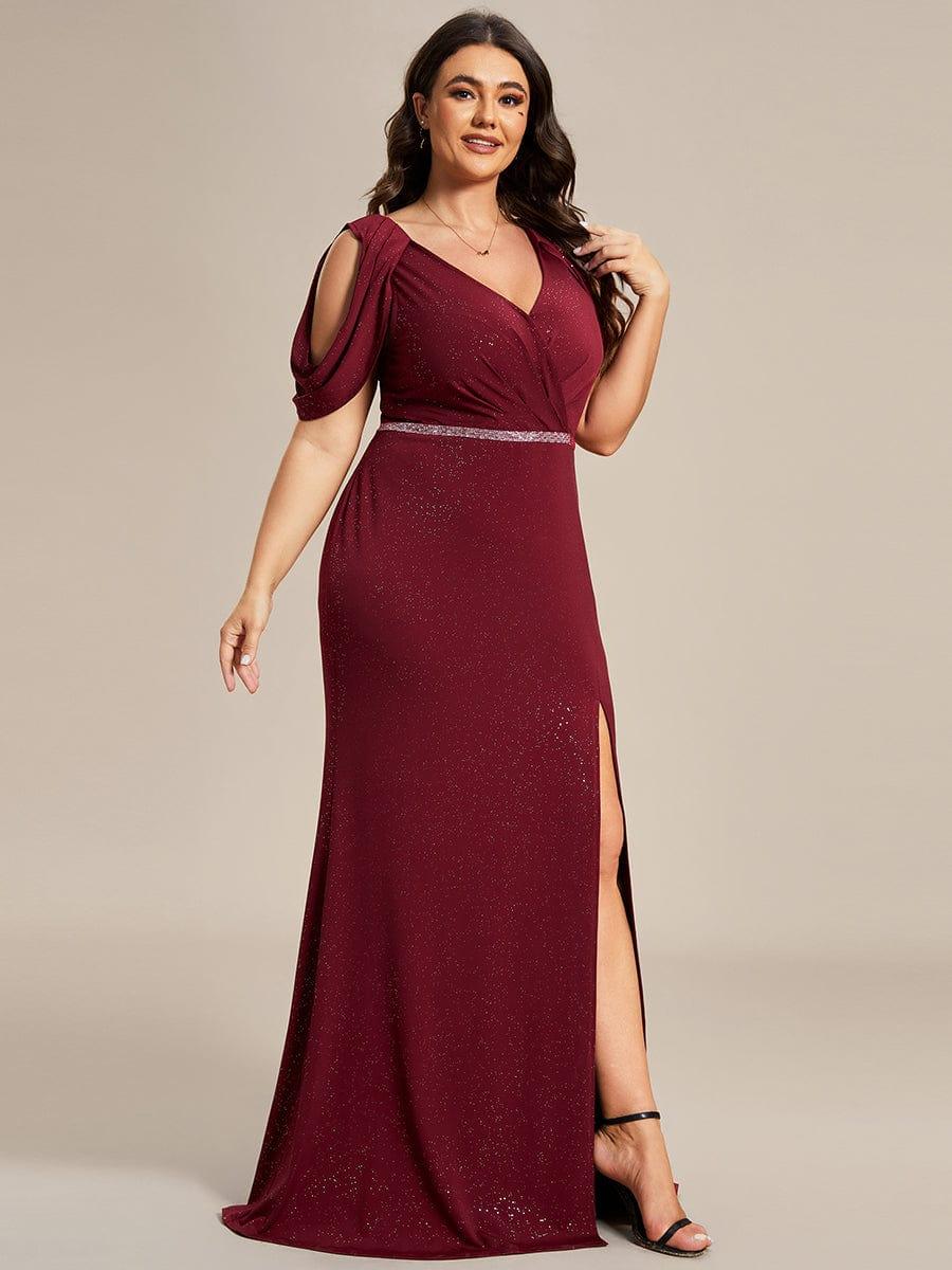 Plus Size Sparkly Glitter Cold Shoulder Shiny Belt Backless Evening Dress - Image 6