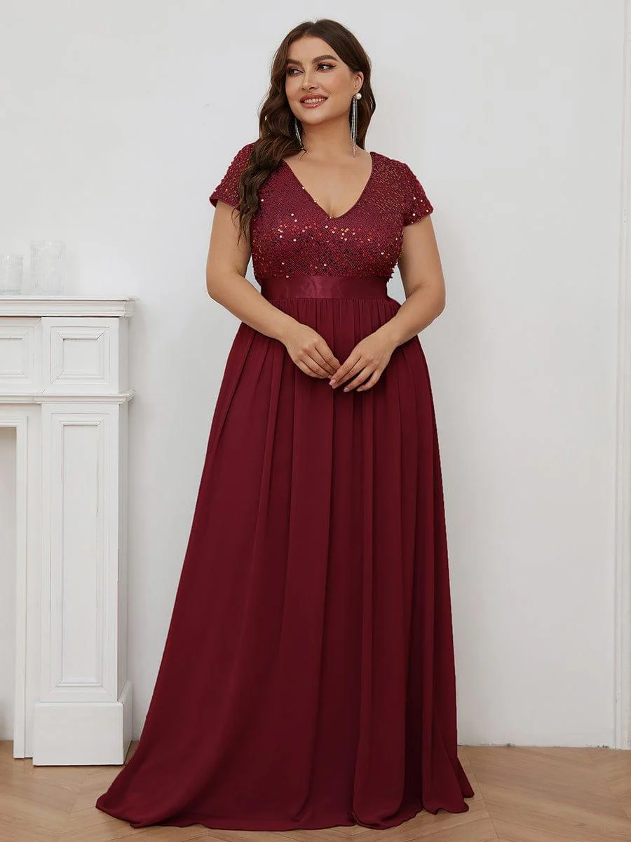 pretty MIRAGE|Plus Size V-Neck Cap Sleeve Sequins Chiffon Maxi Evening Dress - Image 10