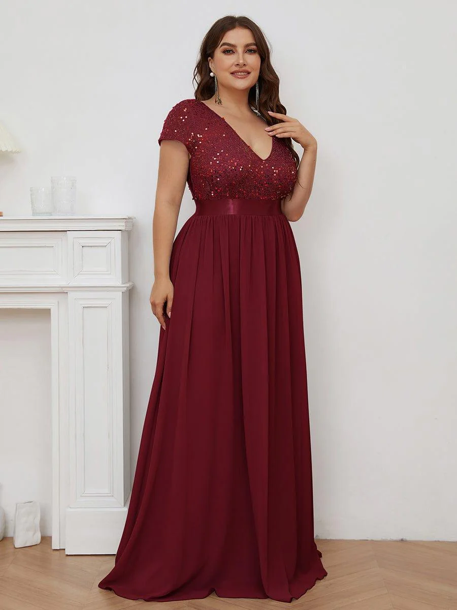 pretty MIRAGE|Plus Size V-Neck Cap Sleeve Sequins Chiffon Maxi Evening Dress - Image 11
