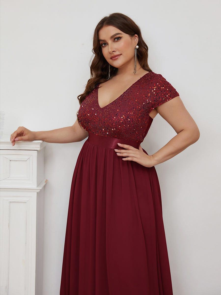 pretty MIRAGE|Plus Size V-Neck Cap Sleeve Sequins Chiffon Maxi Evening Dress - Image 13