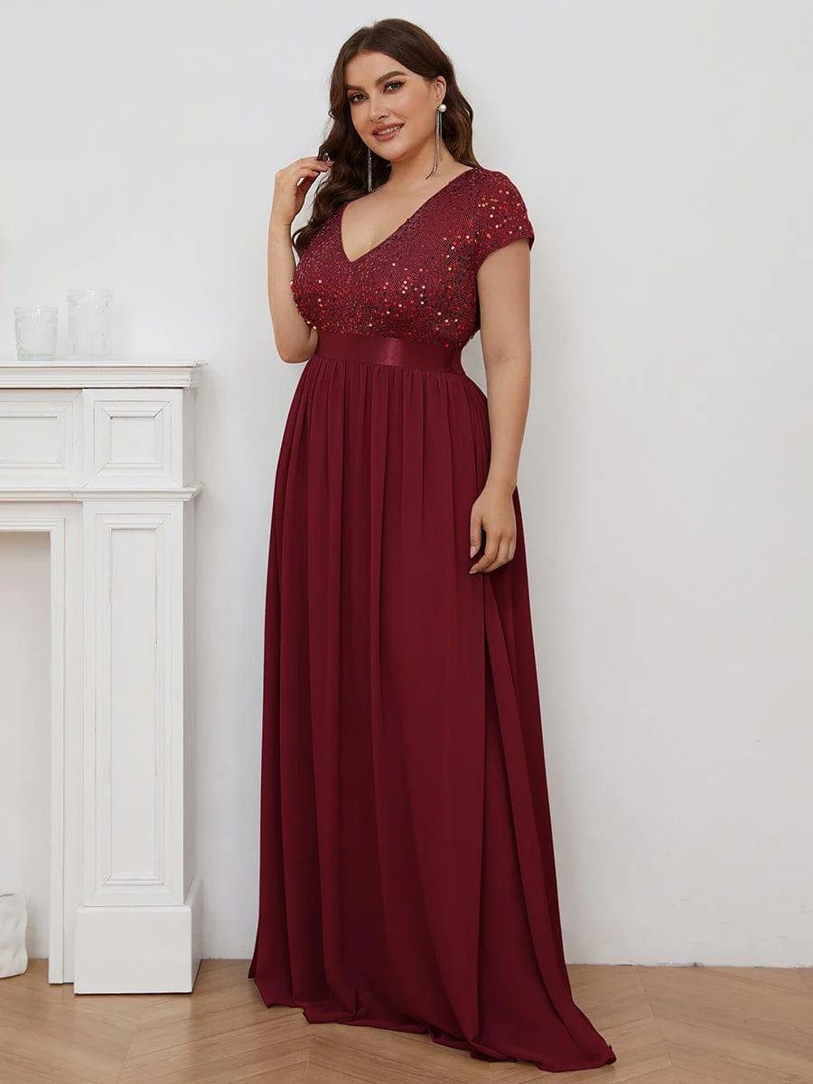 pretty MIRAGE|Plus Size V-Neck Cap Sleeve Sequins Chiffon Maxi Evening Dress - Image 14