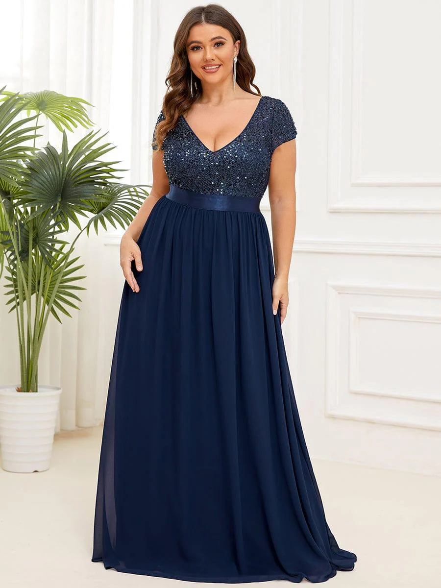 pretty MIRAGE|Plus Size V-Neck Cap Sleeve Sequins Chiffon Maxi Evening Dress - Image 15