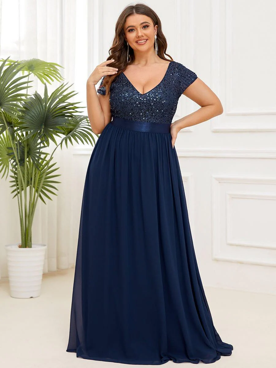 pretty MIRAGE|Plus Size V-Neck Cap Sleeve Sequins Chiffon Maxi Evening Dress - Image 19
