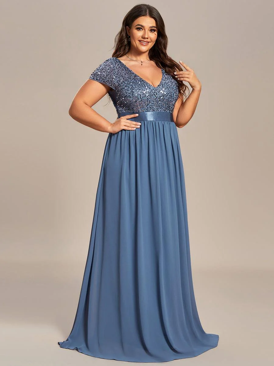 pretty MIRAGE|Plus Size V-Neck Cap Sleeve Sequins Chiffon Maxi Evening Dress - Image 23