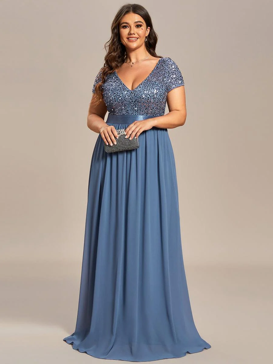 pretty MIRAGE|Plus Size V-Neck Cap Sleeve Sequins Chiffon Maxi Evening Dress - Image 24