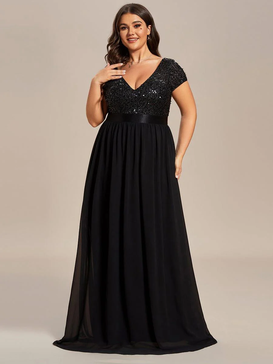 pretty MIRAGE|Plus Size V-Neck Cap Sleeve Sequins Chiffon Maxi Evening Dress - Image 4