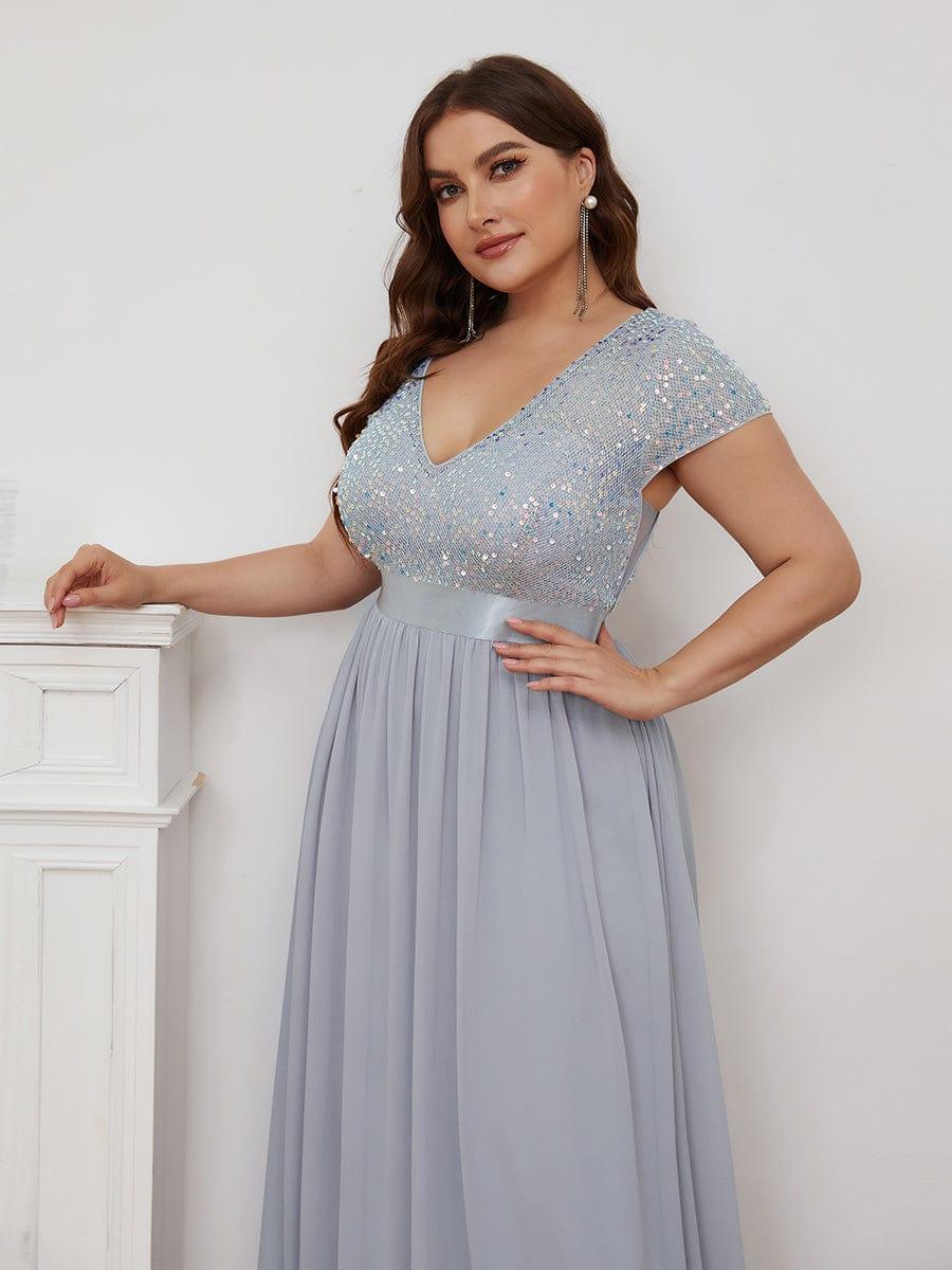 pretty MIRAGE|Plus Size V-Neck Cap Sleeve Sequins Chiffon Maxi Evening Dress - Image 7