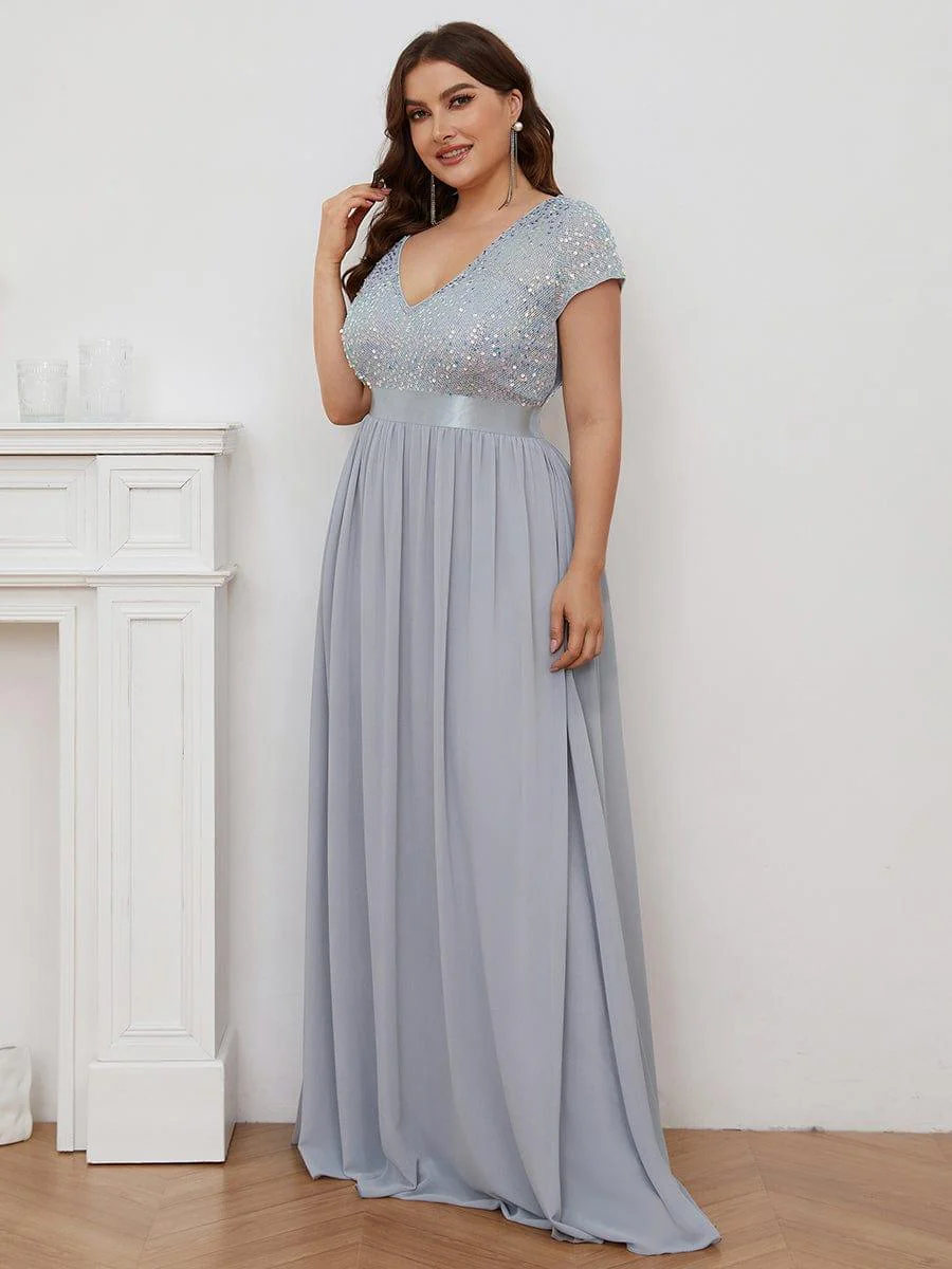 pretty MIRAGE|Plus Size V-Neck Cap Sleeve Sequins Chiffon Maxi Evening Dress - Image 8