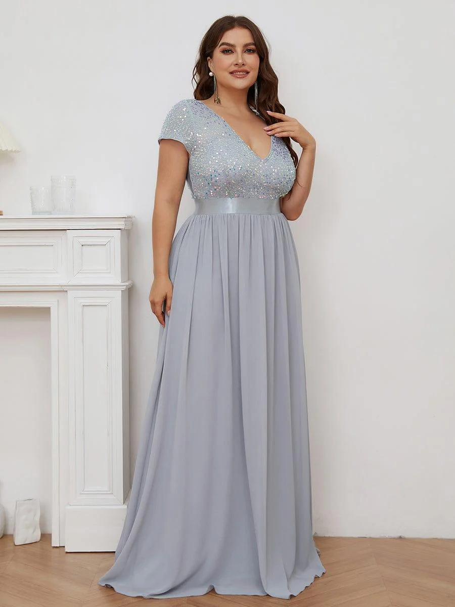 pretty MIRAGE|Plus Size V-Neck Cap Sleeve Sequins Chiffon Maxi Evening Dress - Image 9