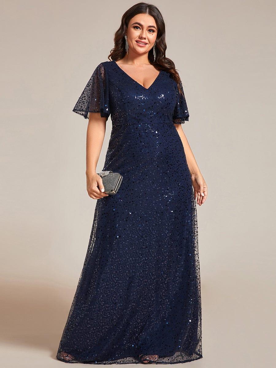 pretty ARIA|Plus Size V-Neck Sequined A-Line Evening Dresses with Ruffles Sleeves - Image 10