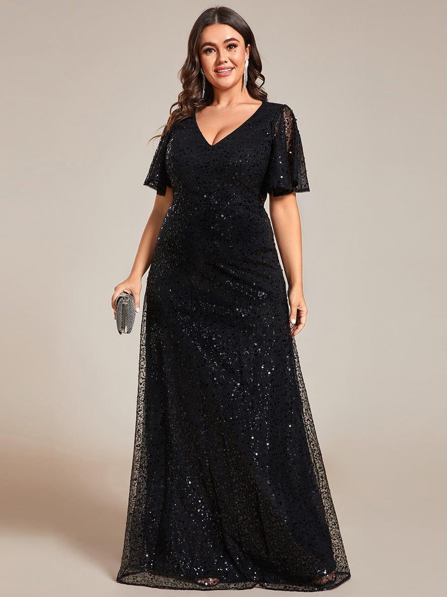 pretty ARIA|Plus Size V-Neck Sequined A-Line Evening Dresses with Ruffles Sleeves - Image 11