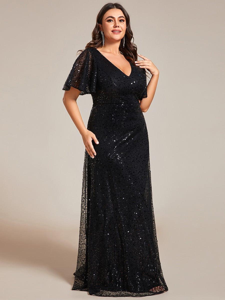 pretty ARIA|Plus Size V-Neck Sequined A-Line Evening Dresses with Ruffles Sleeves - Image 14