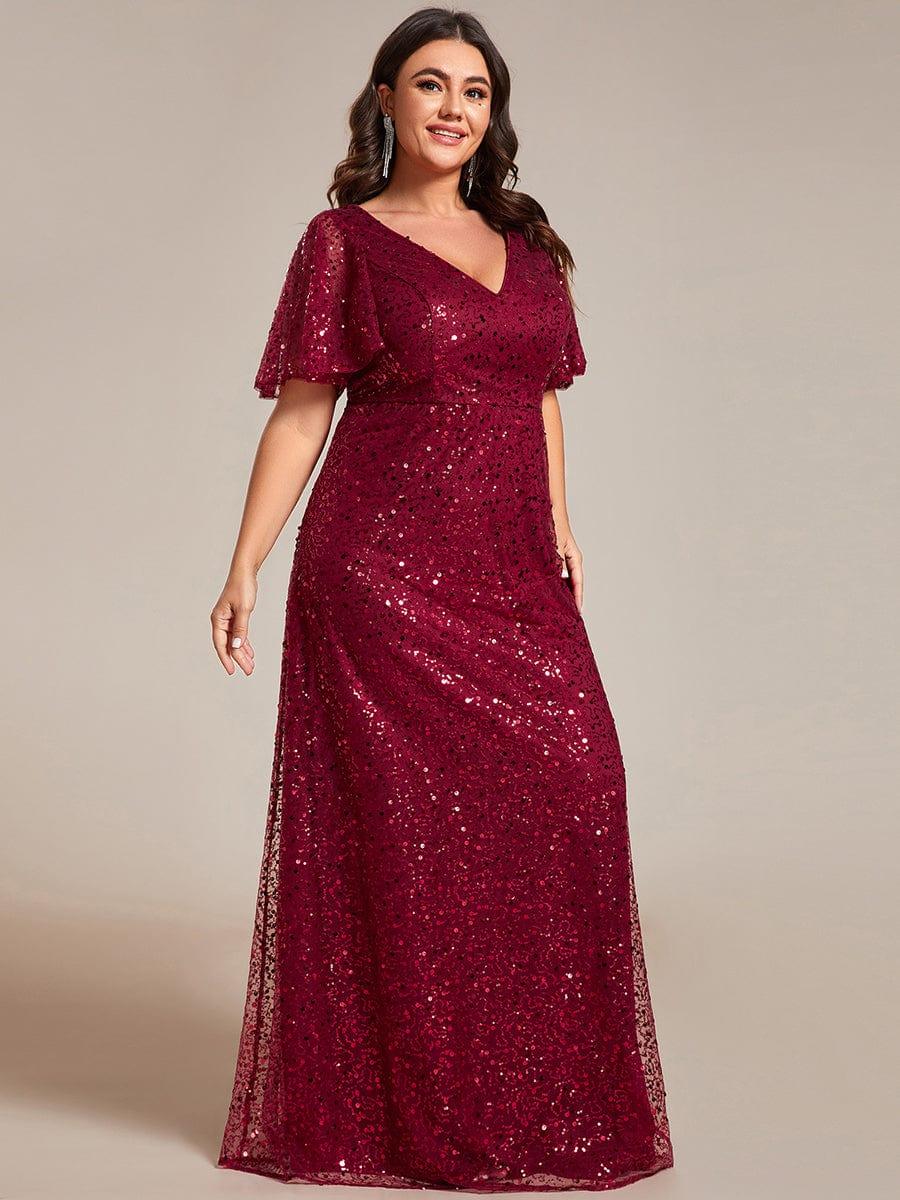 pretty ARIA|Plus Size V-Neck Sequined A-Line Evening Dresses with Ruffles Sleeves - Image 4