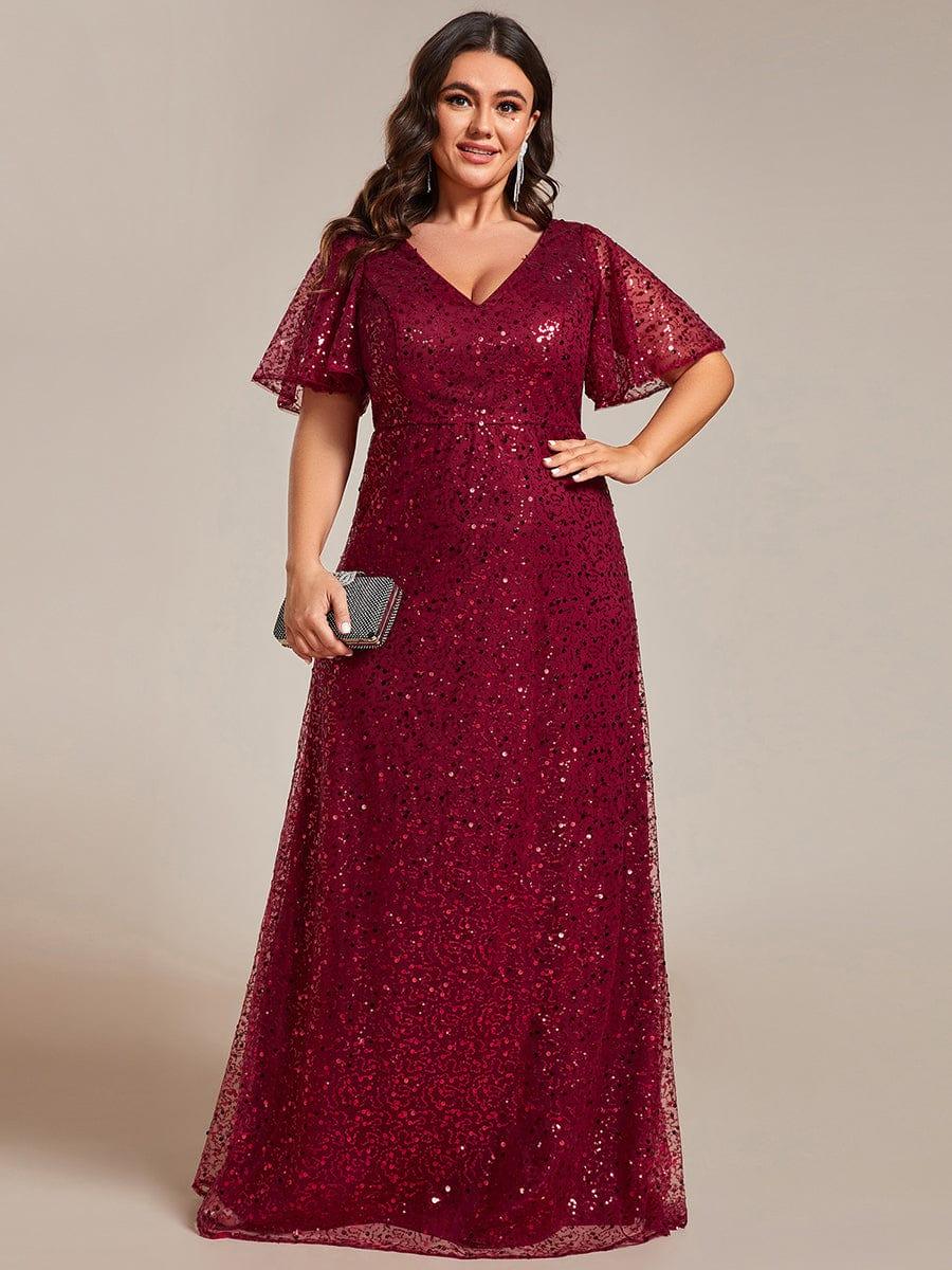 pretty ARIA|Plus Size V-Neck Sequined A-Line Evening Dresses with Ruffles Sleeves - Image 5