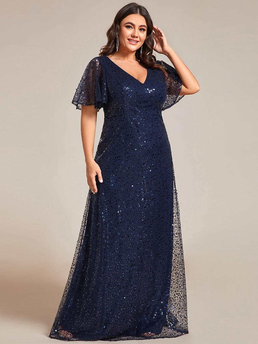 pretty ARIA|Plus Size V-Neck Sequined A-Line Evening Dresses with Ruffles Sleeves - Image 6